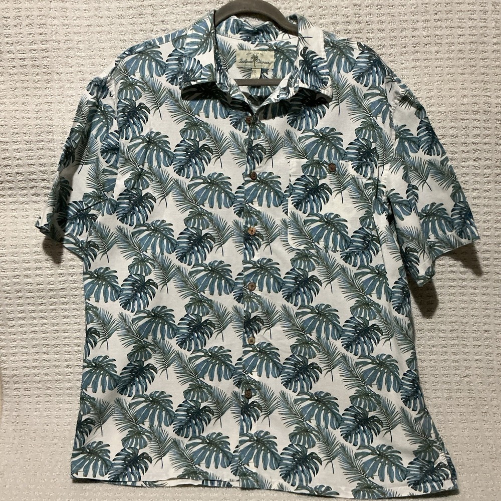 Island‎ Shores Shirt Mens M Blue Hawaiian Linen Palm Leaf Button Up Beach Casual